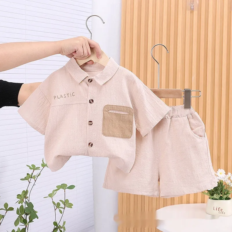 Boys cotton casual suit set with short-sleeve shirt and trousers in solid colour