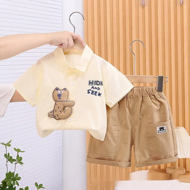 Boys cotton casual suit set with short-sleeve shirt and trousers in solid colour
