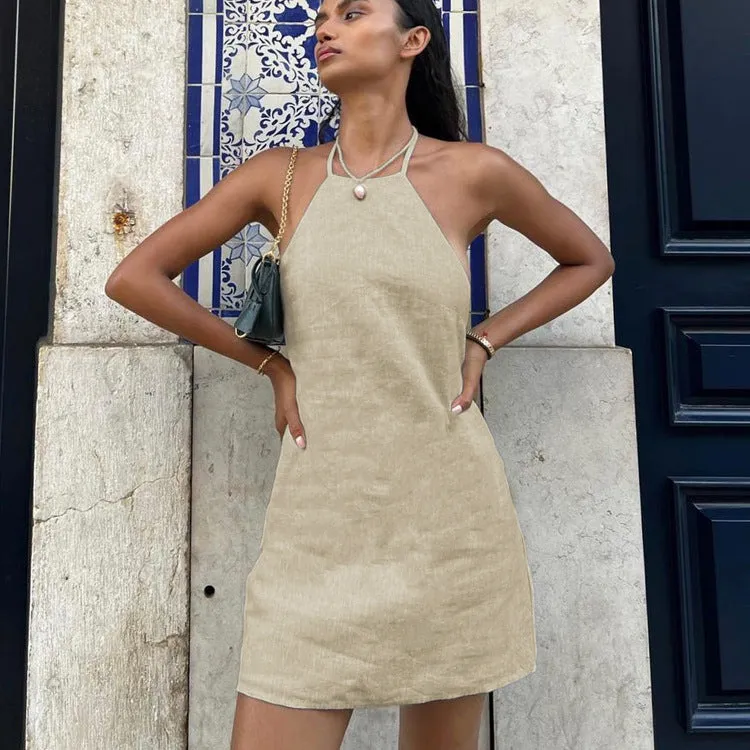 Women's solid colour A-line summer dress made from a cotton and linen blend fabric.