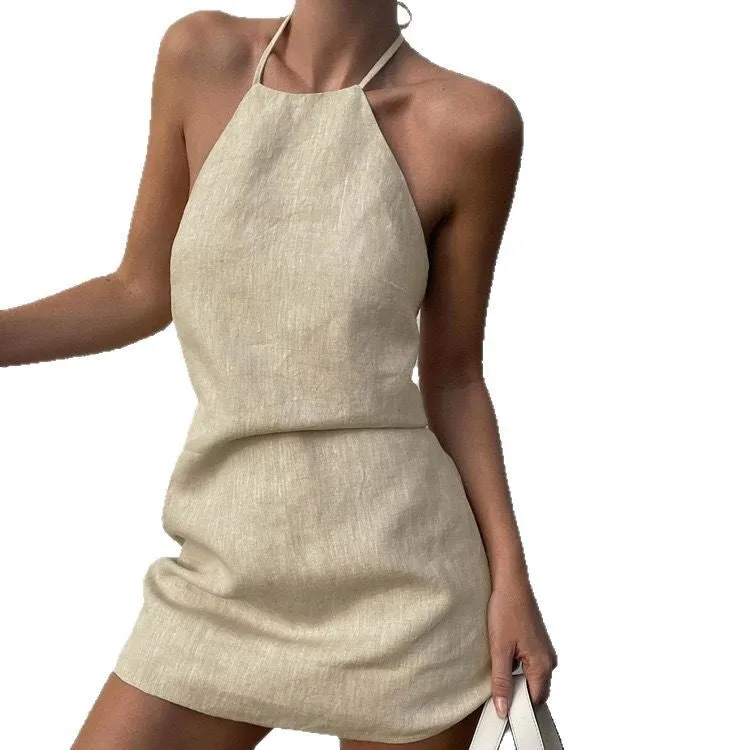 Women's solid colour A-line summer dress made from a cotton and linen blend fabric.