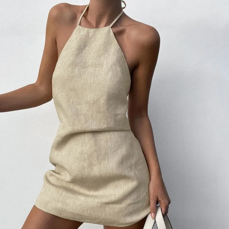 Women's solid colour A-line summer dress made from a cotton and linen blend fabric.