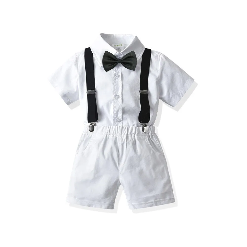 Boys' white short-sleeved shirt and suspender shorts matching set in cotton fabric