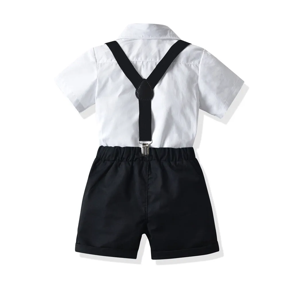 Boys' white short-sleeved shirt and suspender shorts matching set in cotton fabric