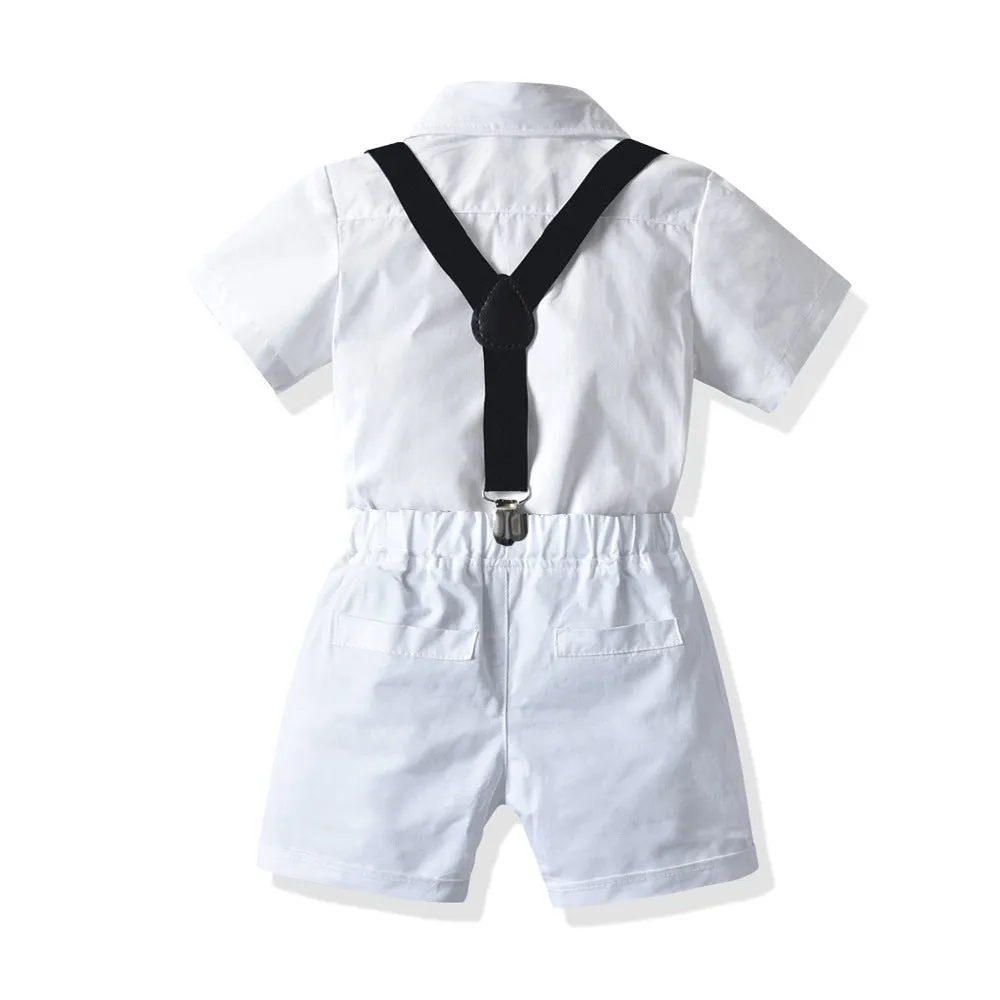 Boys' white short-sleeved shirt and suspender shorts matching set in cotton fabric