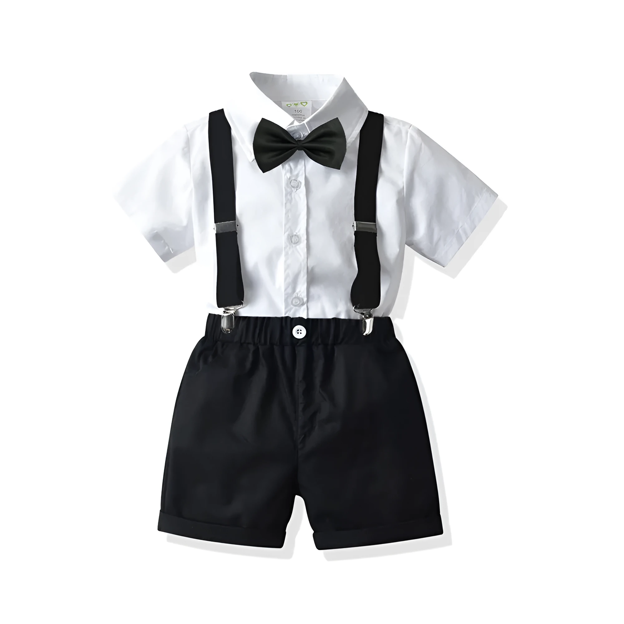 Boys' white short-sleeved shirt and suspender shorts matching set in cotton fabric