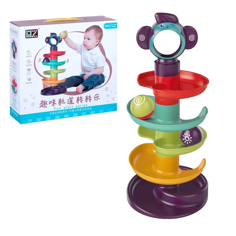 Children's puzzle toy railway Jenga large building blocks with slide rotating music in colour box packaging