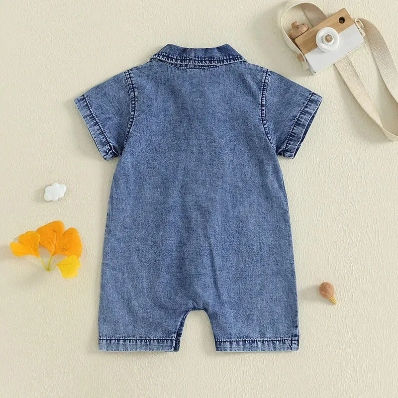 Blue western style solid colour short sleeve cotton romper for baby boys sizes 0 to 18 months