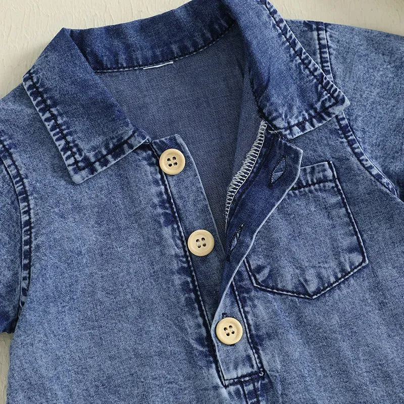 Blue western style solid colour short sleeve cotton romper for baby boys sizes 0 to 18 months