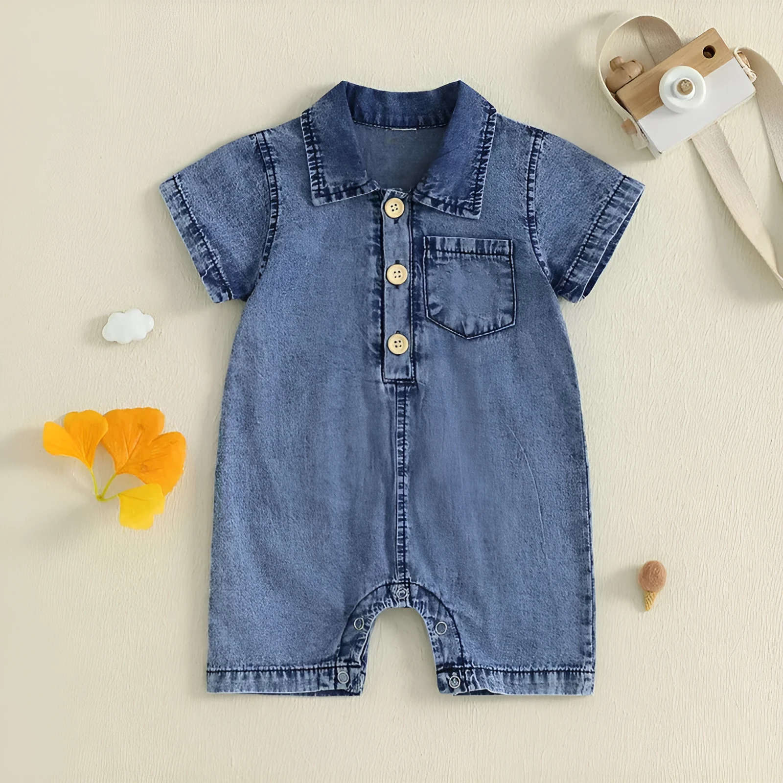 Blue western style solid colour short sleeve cotton romper for baby boys sizes 0 to 18 months