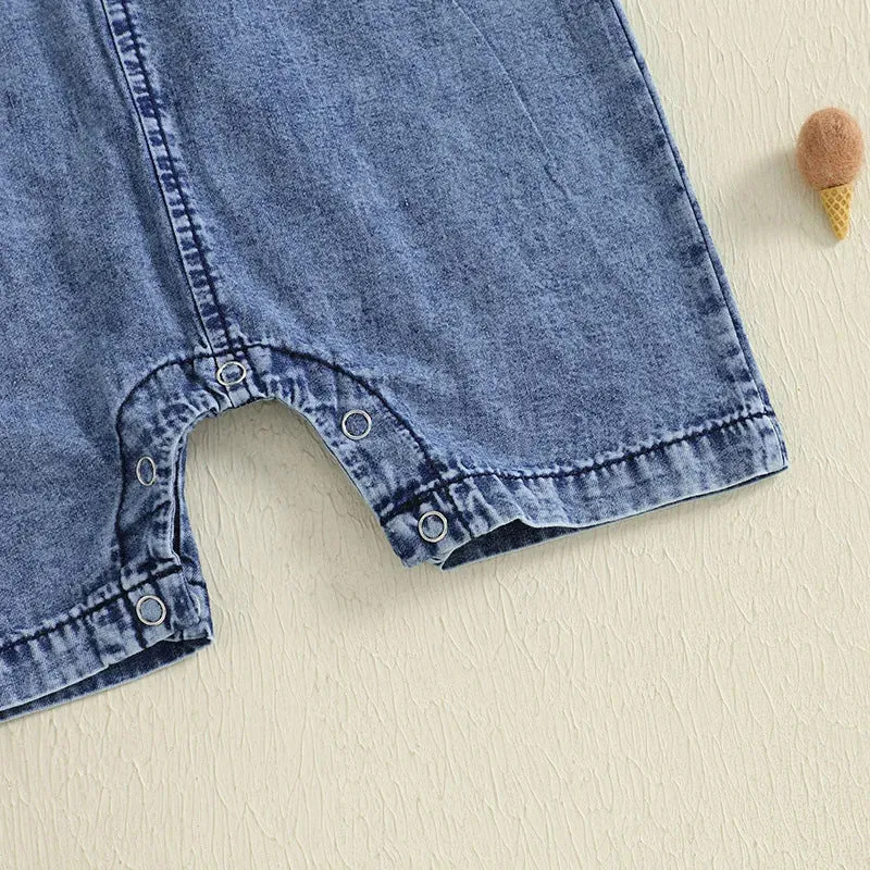 Blue western style solid colour short sleeve cotton romper for baby boys sizes 0 to 18 months