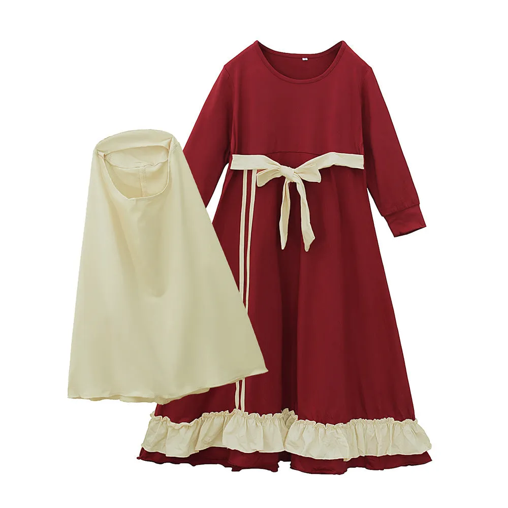 Girls' long sleeve cotton solid colour dress two-piece set with headscarf in black or red for spring autumn