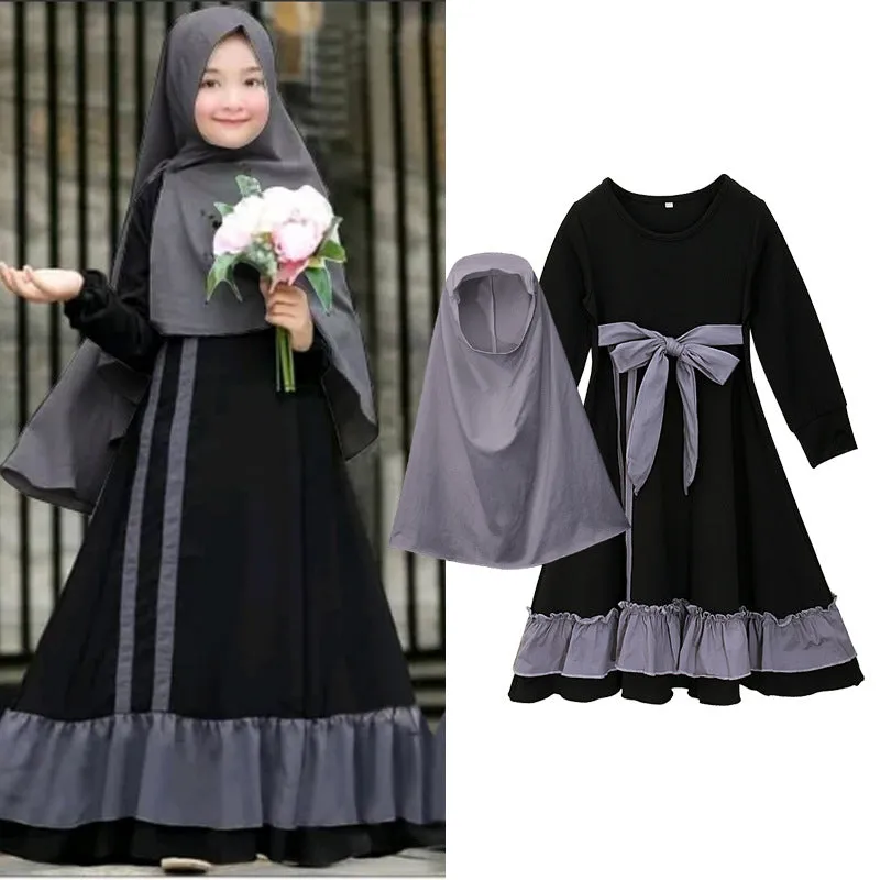 Girls' long sleeve cotton solid colour dress two-piece set with headscarf in black or red for spring autumn