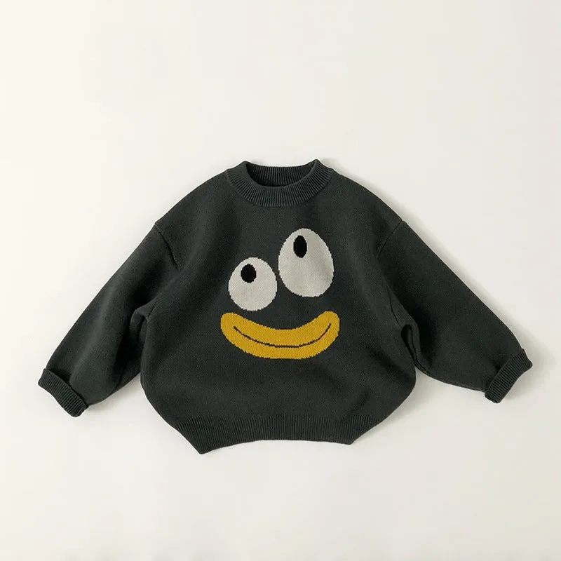 Children's cotton knit pullover sweater in camel colour with cartoon pattern, long sleeves, size 80-130cm