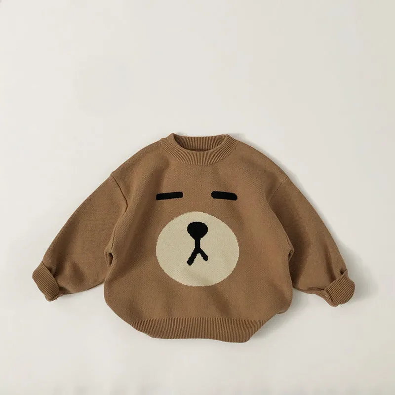 Children's cotton knit pullover sweater in camel colour with cartoon pattern, long sleeves, size 80-130cm