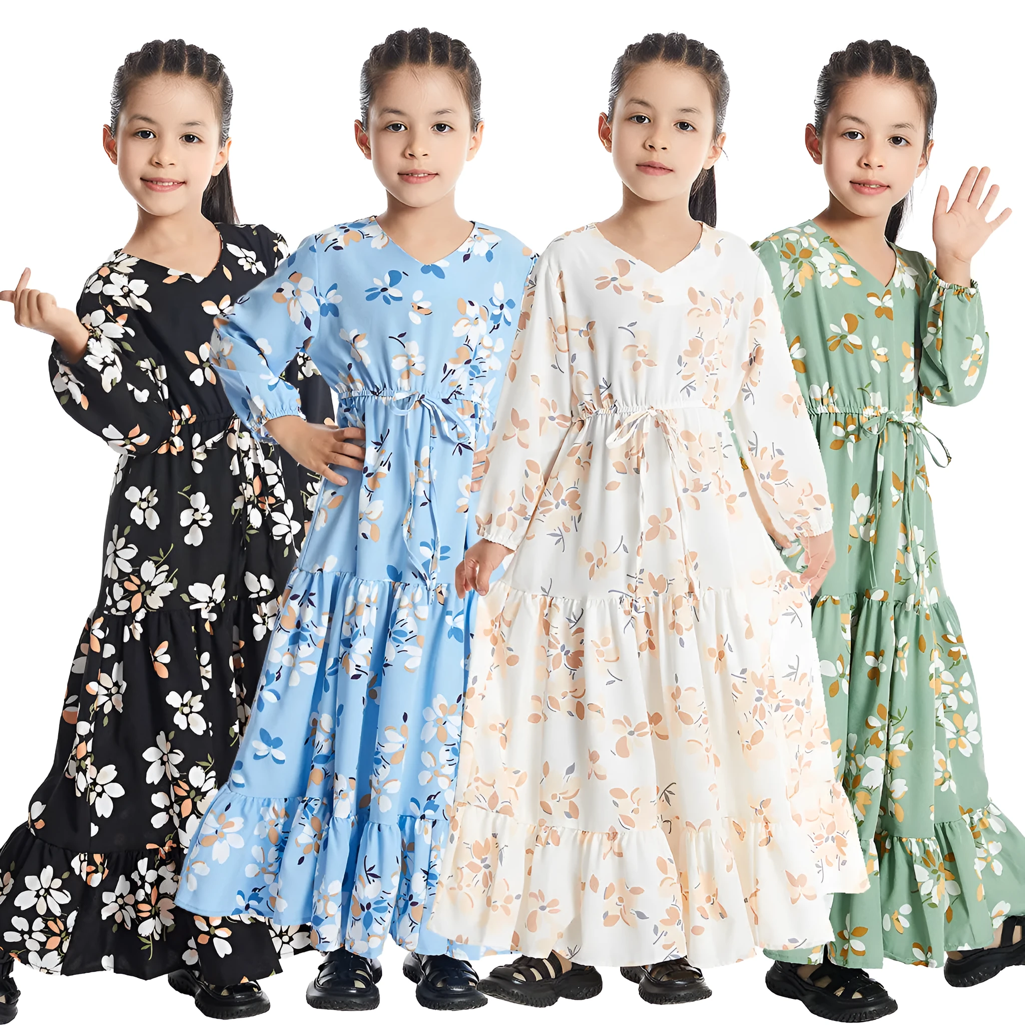 Girl wearing a long sleeve floral polyester dress with a flounced skirt in beige, available in heights 100-160cm
