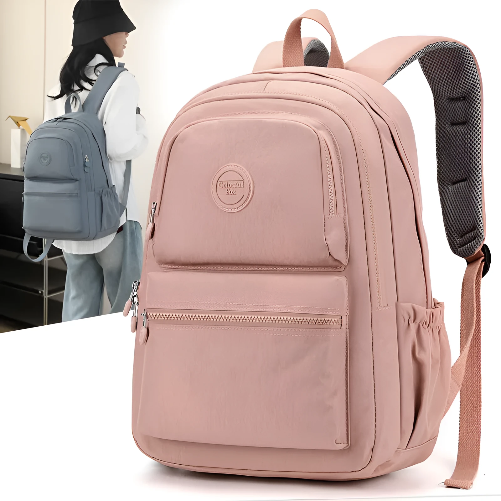 Women's nylon travel backpack in Azure Stone Green showing multiple compartments and organisational features