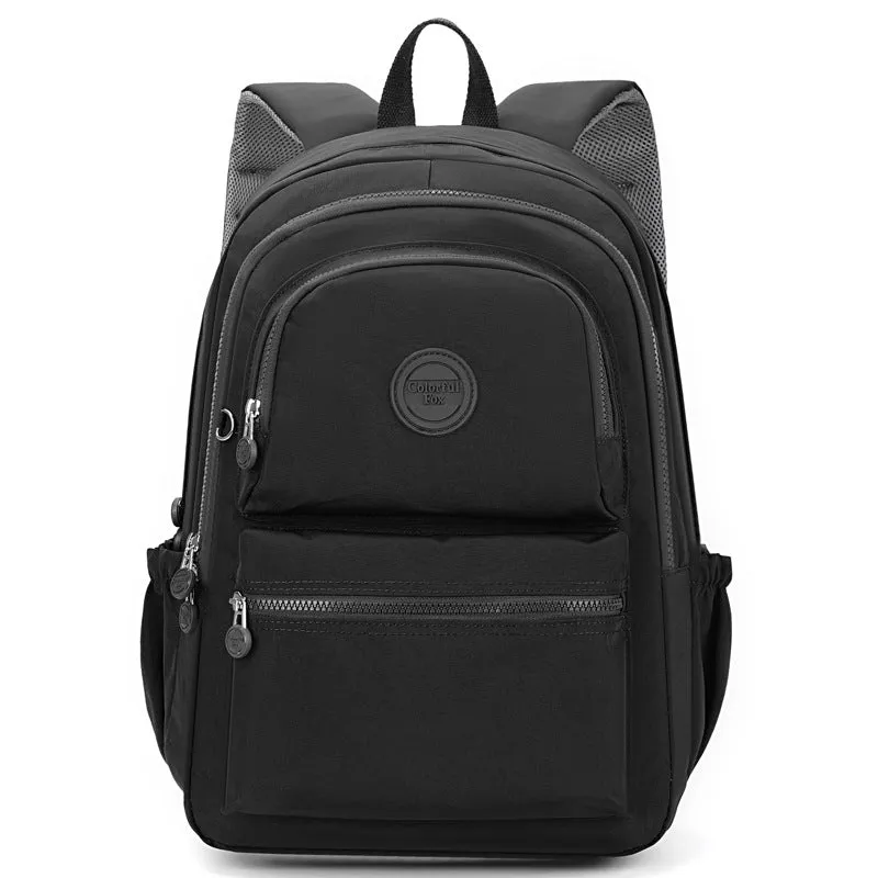 Women's nylon travel backpack in Azure Stone Green showing multiple compartments and organisational features