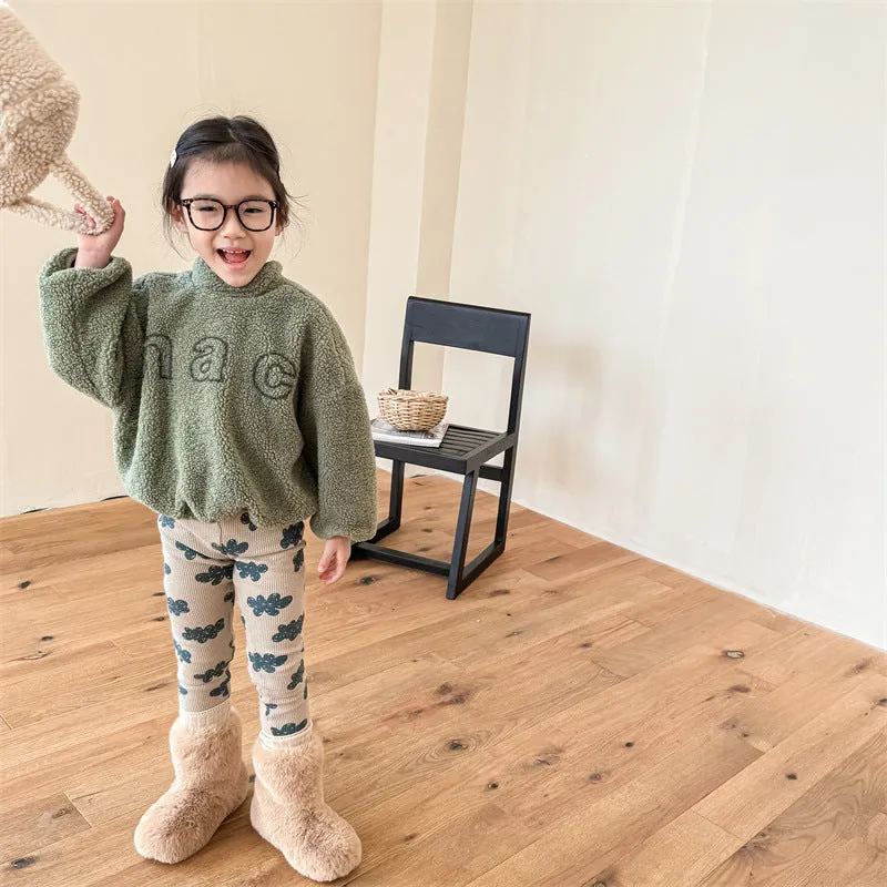 Girls winter fleece-lined cotton leggings in khaki, high waist elastic, size for 100cm height