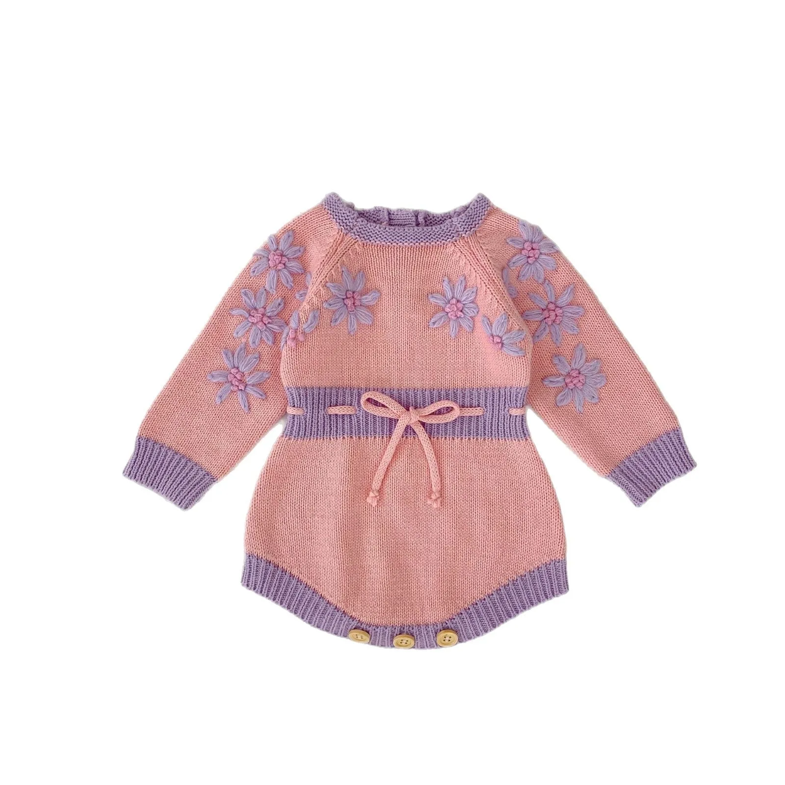 Handmade embroidery long sleeve baby girl jumpsuit in Good Pink cotton, triangle pullover style