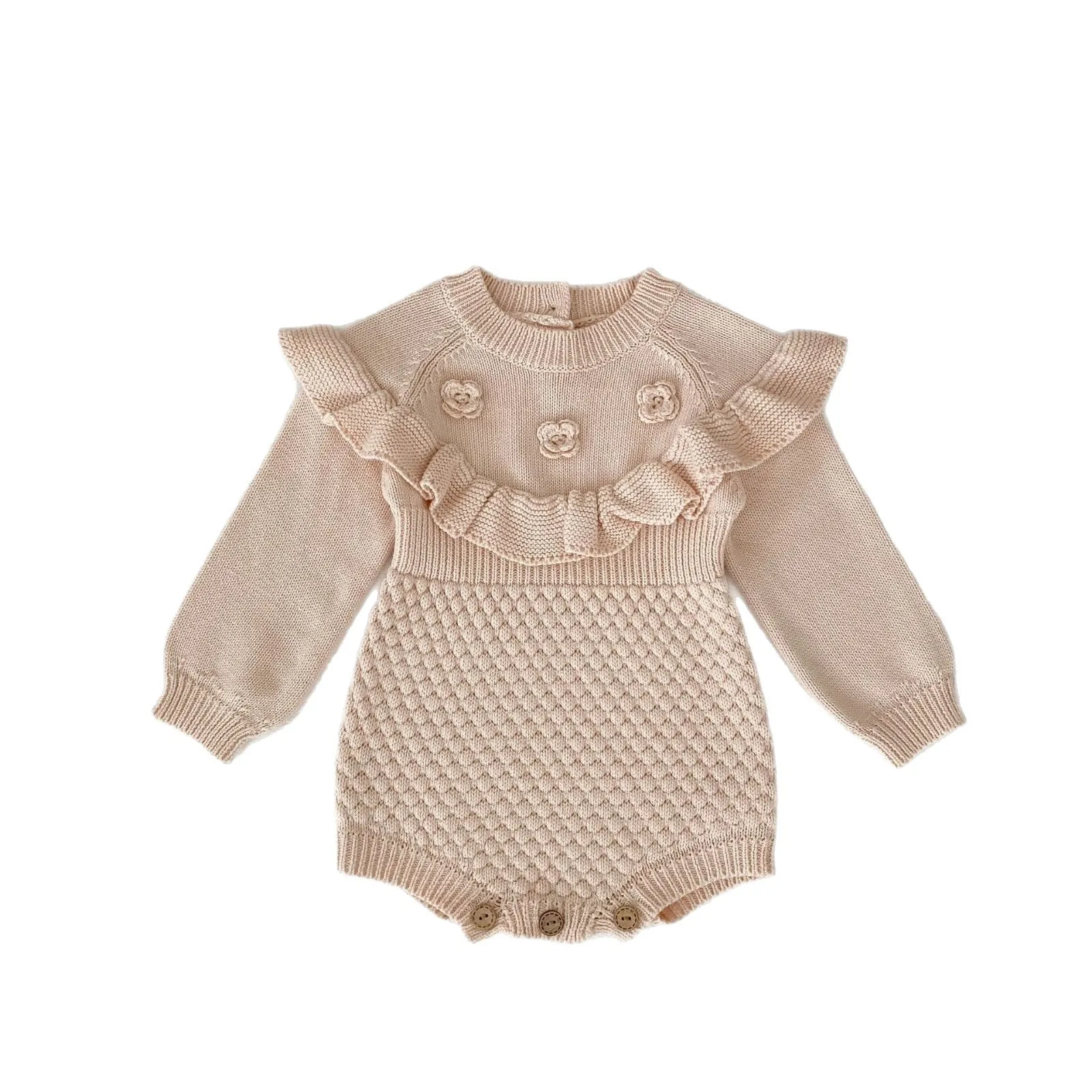 Baby hand crocheting flower pineapple plaid knitted wool long sleeve jumpsuit in stone powder for girls