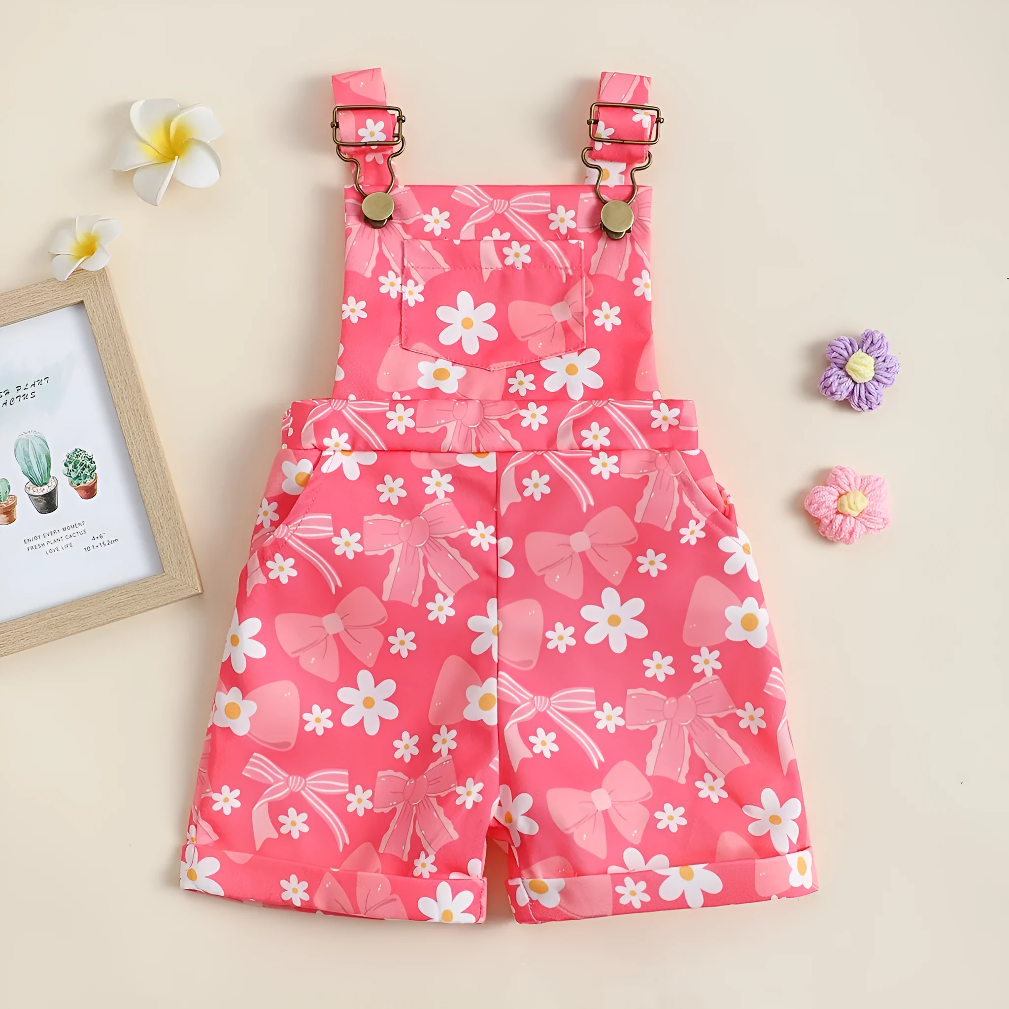Baby flower cherry print cotton suspender pants in bright pink for toddlers fifth length