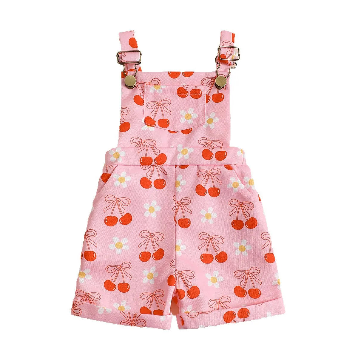 Baby flower cherry print cotton suspender pants in bright pink for toddlers fifth length