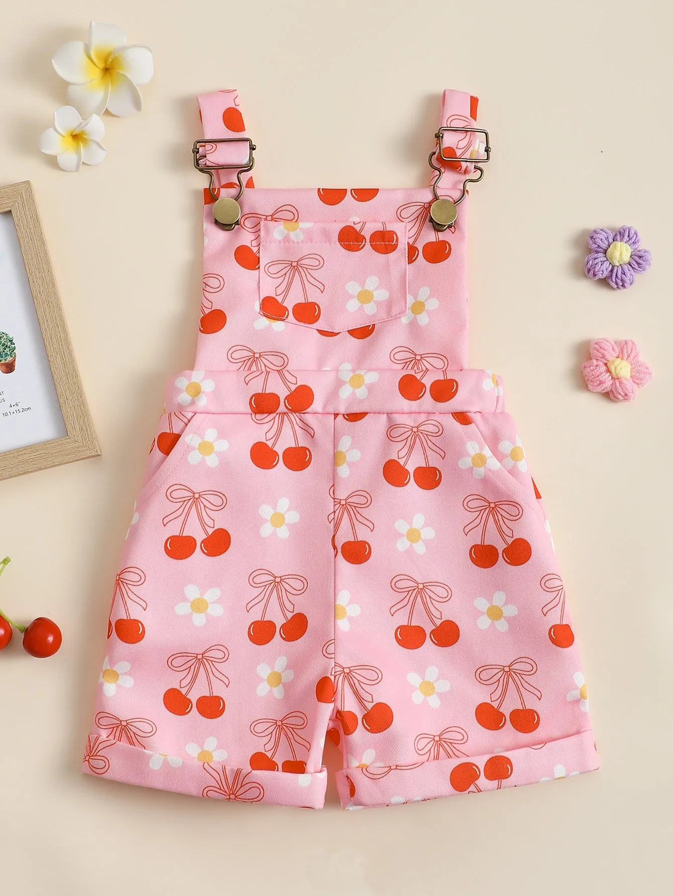 Baby flower cherry print cotton suspender pants in bright pink for toddlers fifth length