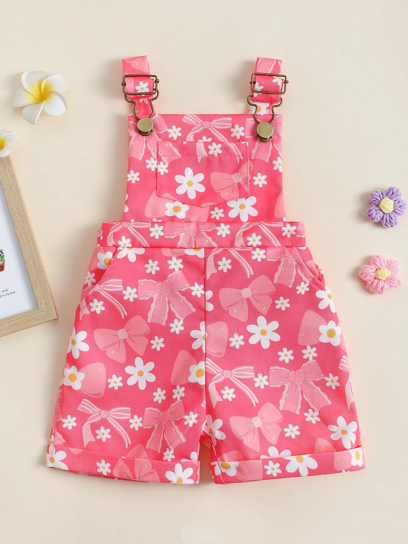 Baby flower cherry print cotton suspender pants in bright pink for toddlers fifth length