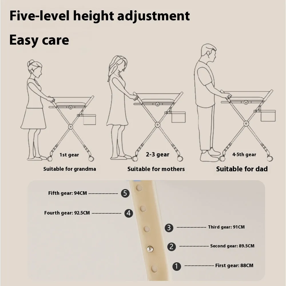 Baby care foldable multifunctional diaper-changing table with safety belt and storage baskets in beige top configuration
