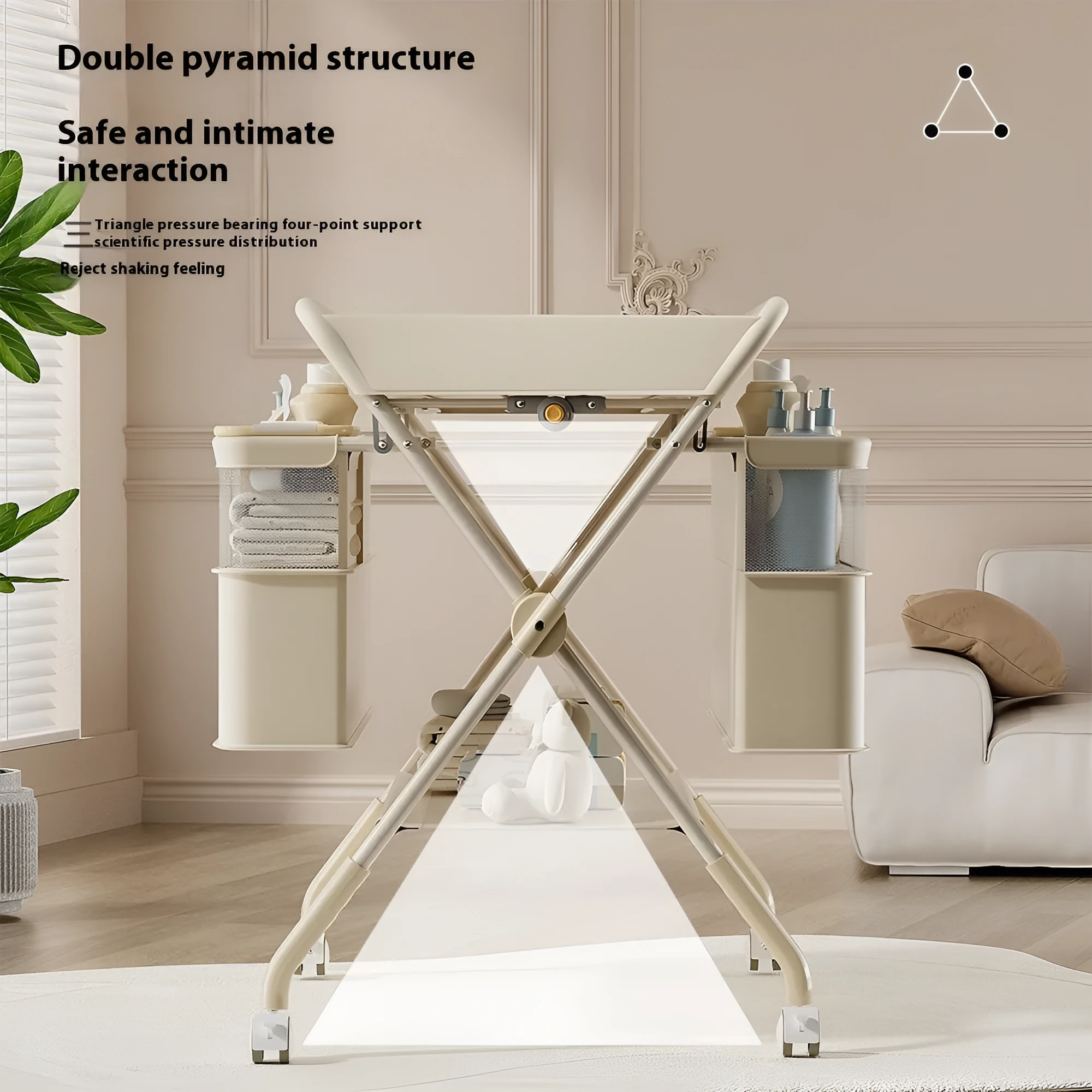 Baby care foldable multifunctional diaper-changing table with safety belt and storage baskets in beige top configuration