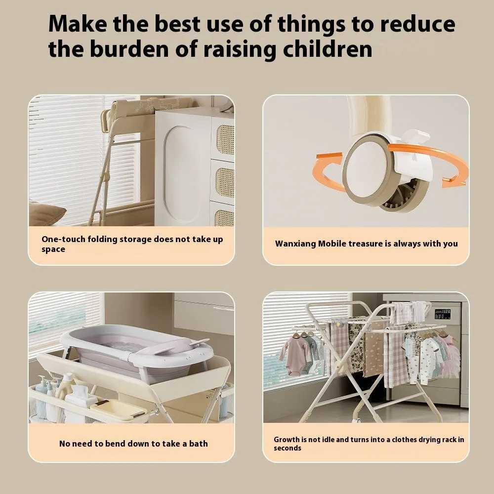 Baby care foldable multifunctional diaper-changing table with safety belt and storage baskets in beige top configuration