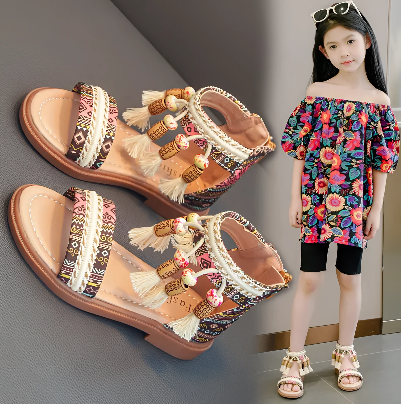 Children's Roman sandals with beaded detail, back zipper, cloth upper, black colour, retro style