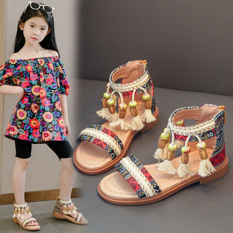 Children's Roman sandals with beaded detail, back zipper, cloth upper, black colour, retro style