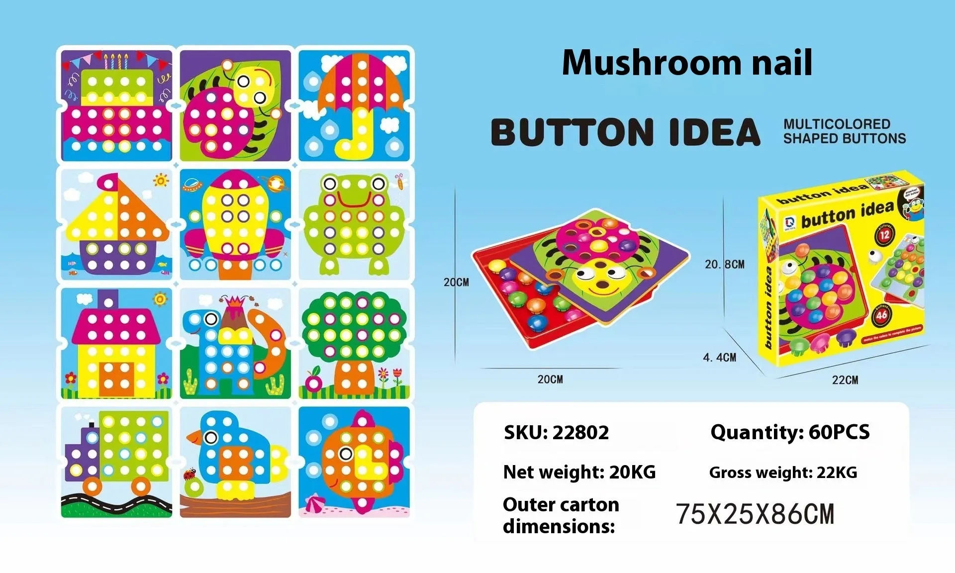 Children's button puzzle set with mushroom nails, article inserts, and storage tray in colour box