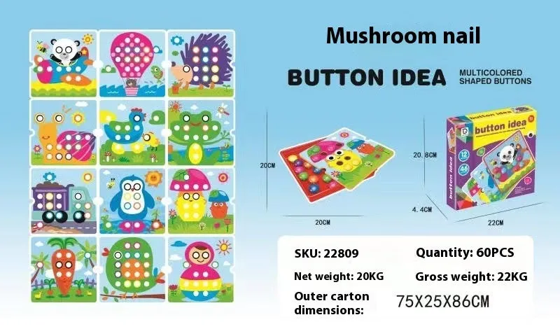 Children's button puzzle set with mushroom nails, article inserts, and storage tray in colour box