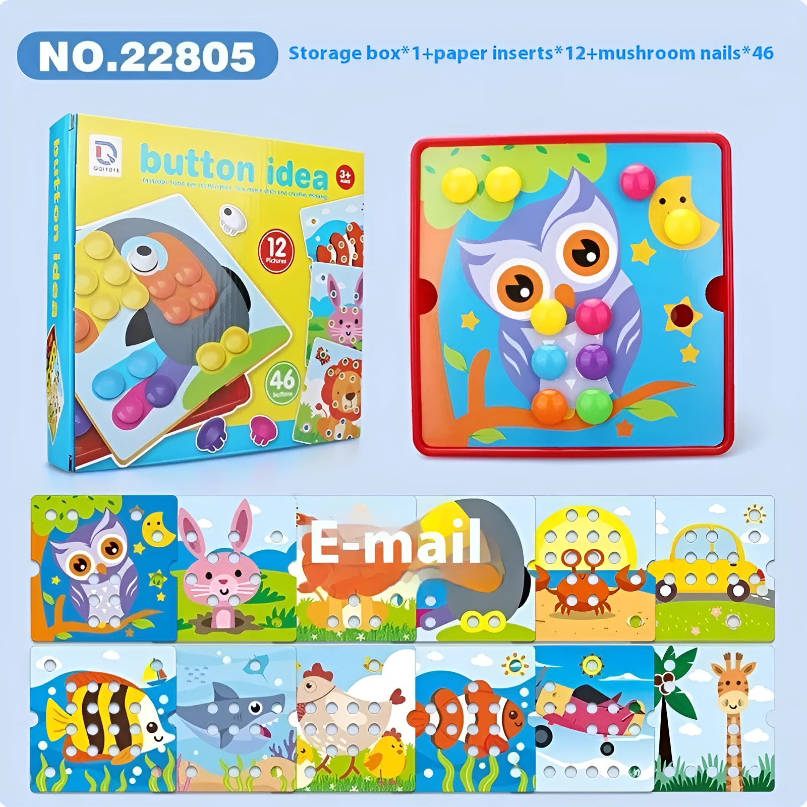Children's button puzzle set with mushroom nails, article inserts, and storage tray in colour box