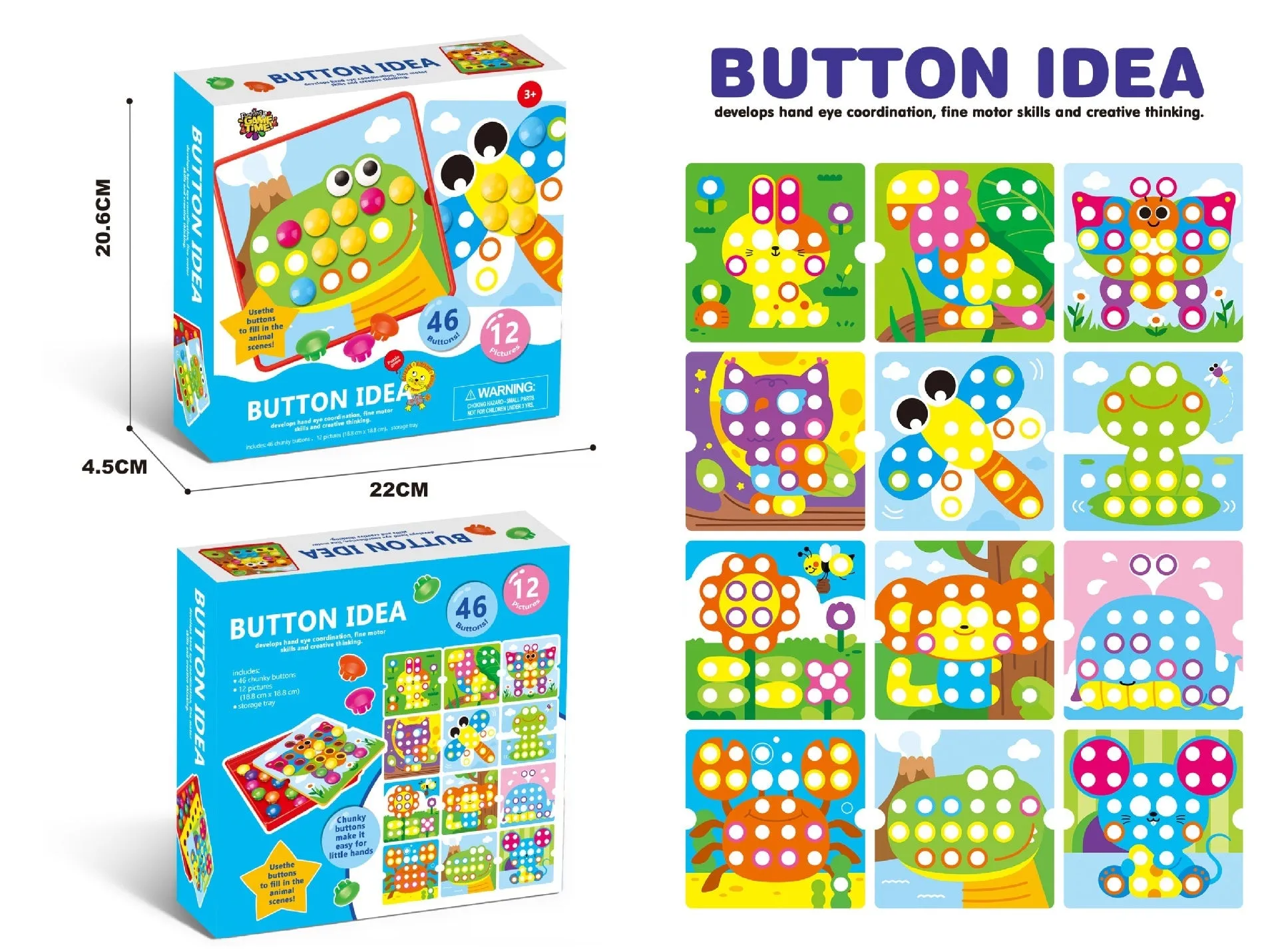 Children's button puzzle set with mushroom nails, article inserts, and storage tray in colour box