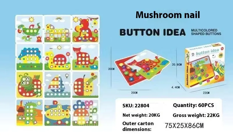 Children's button puzzle set with mushroom nails, article inserts, and storage tray in colour box