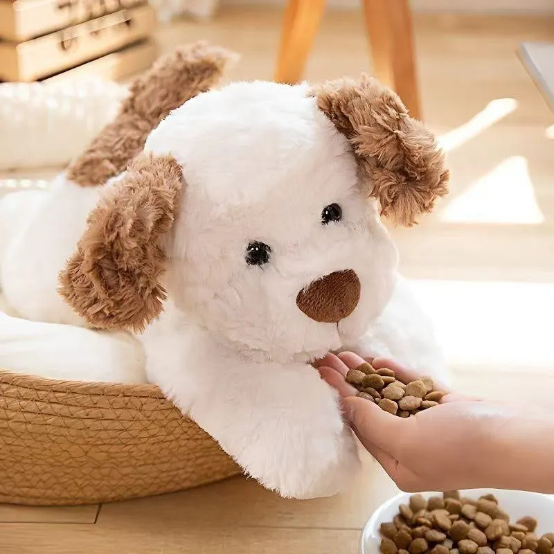 Plush toy lying dog doll in brown faux fur, 35cm height, lying on a soft surface