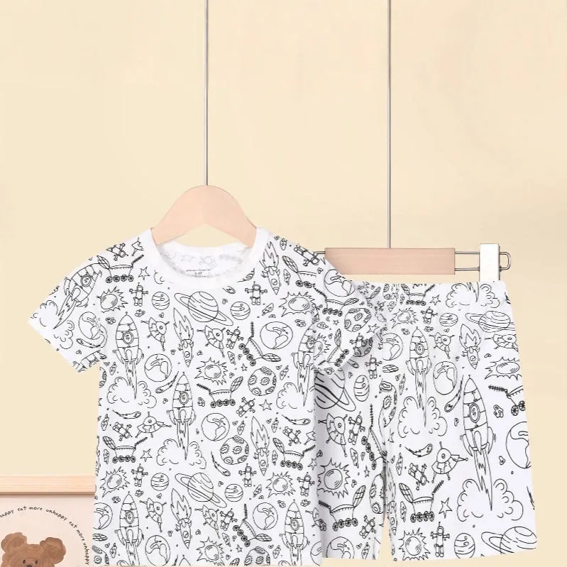 Cotton children loungewear pajama suit in unicorn print, top and pants set, sizes 2T to 9T