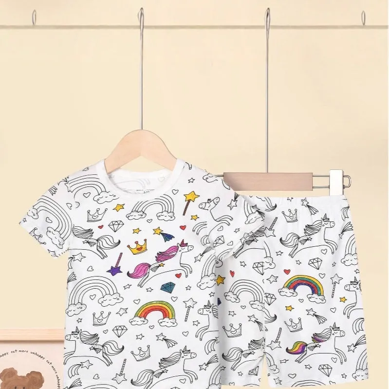 Cotton children loungewear pajama suit in unicorn print, top and pants set, sizes 2T to 9T