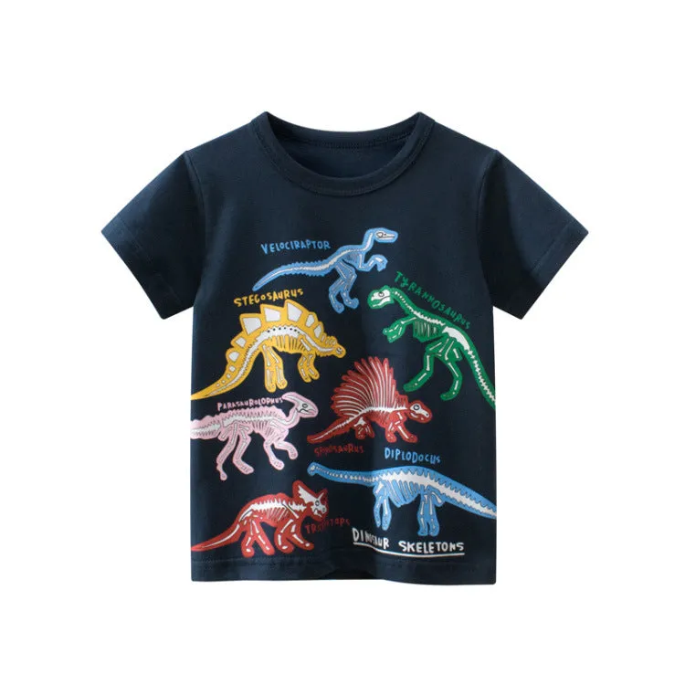 Short-sleeved dinosaur cartoon T-shirt in Noble Blue for toddlers, cotton summer clothing