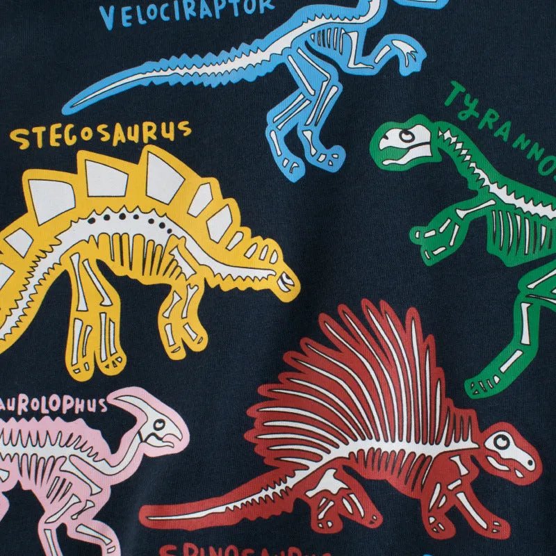 Short-sleeved dinosaur cartoon T-shirt in Noble Blue for toddlers, cotton summer clothing