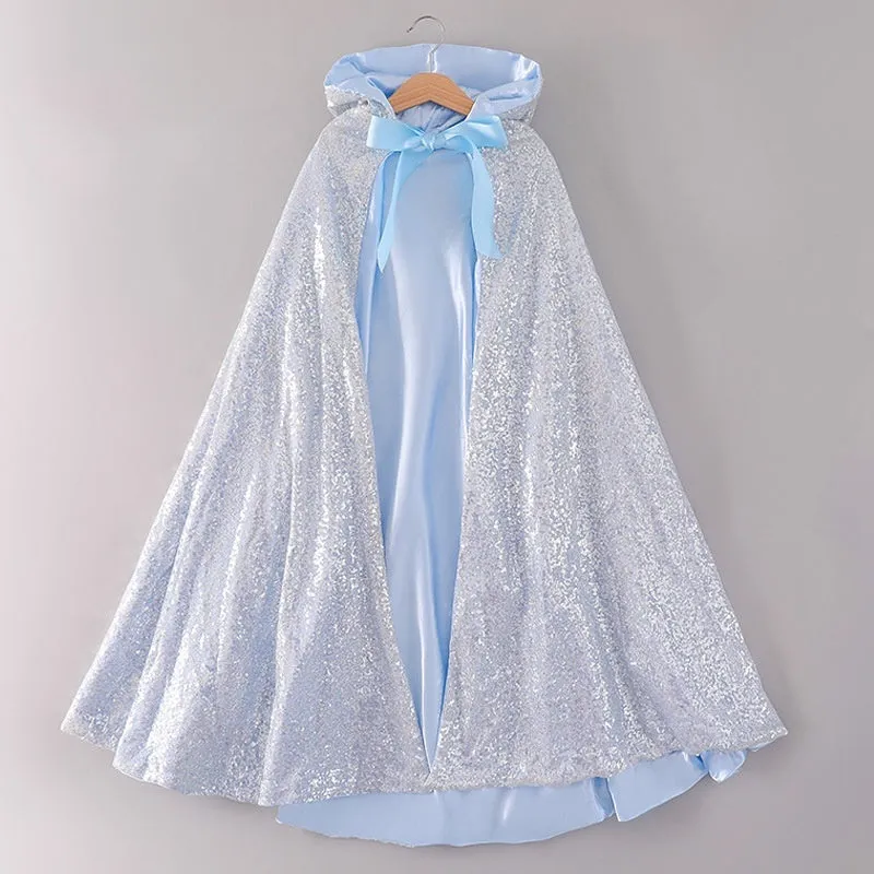 Girls Princess Elsa dress in cotton with short sleeves and A-line skirt, available in gradient blue and silver cloak colour options