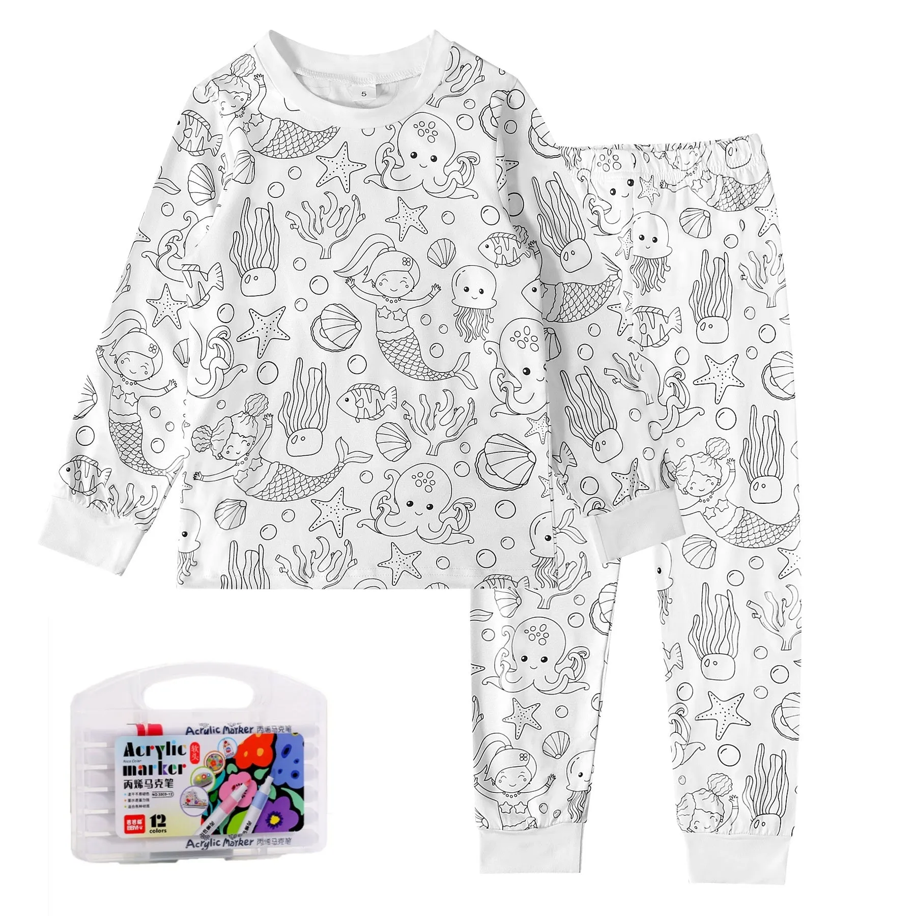 Children's cartoon printed long-sleeved T-shirt and trousers two-piece home wear suit in white with dinosaur pattern