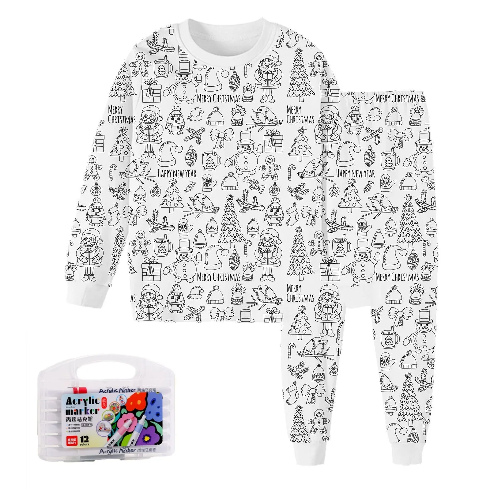Children's cartoon printed long-sleeved T-shirt and trousers two-piece home wear suit in white with dinosaur pattern