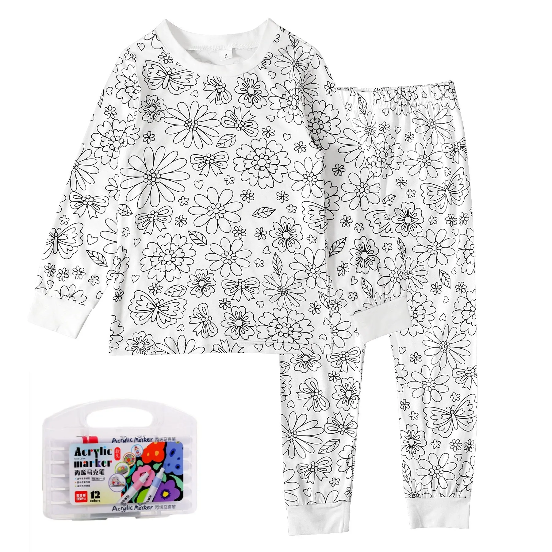 Children's cartoon printed long-sleeved T-shirt and trousers two-piece home wear suit in white with dinosaur pattern