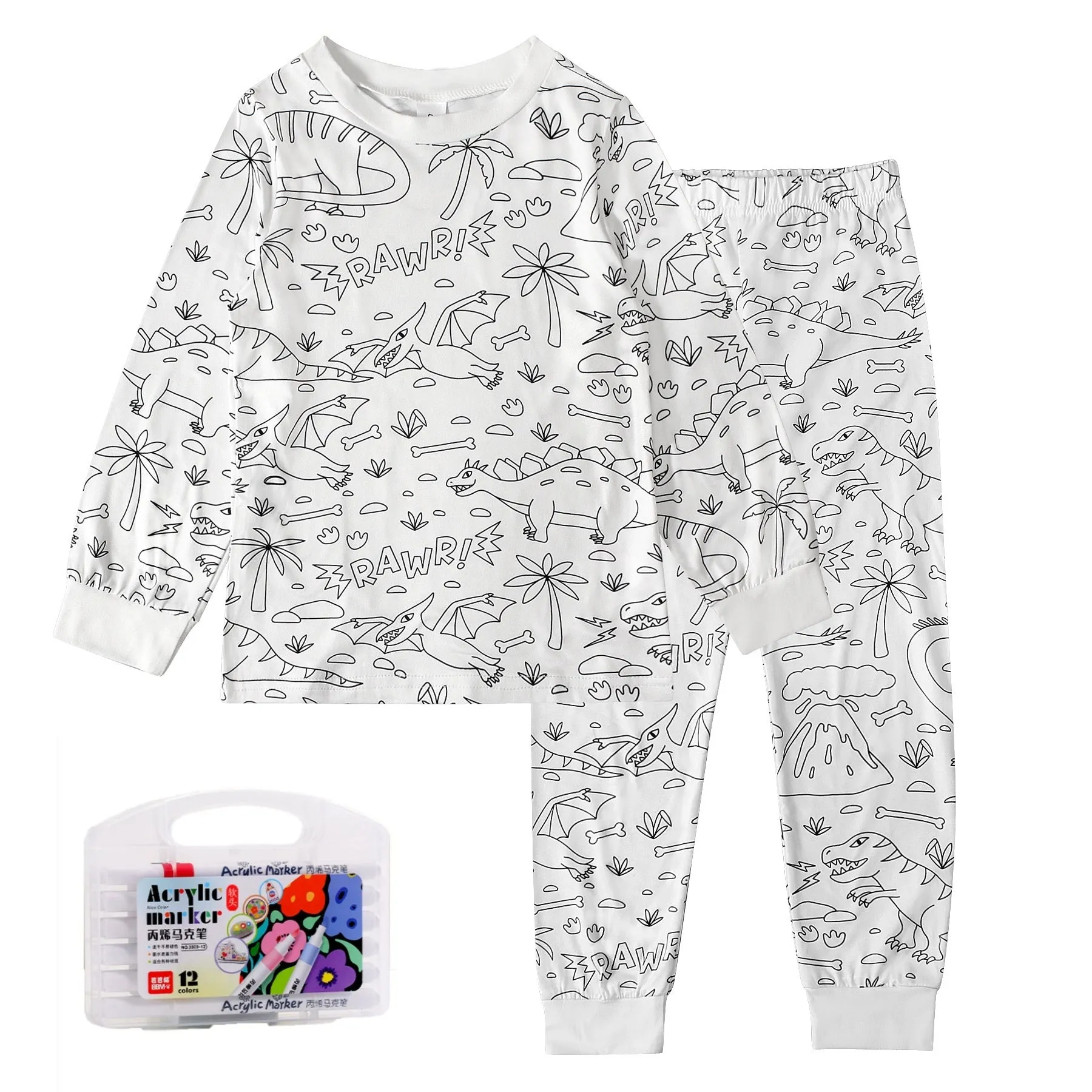 Children's cartoon printed long-sleeved T-shirt and trousers two-piece home wear suit in white with dinosaur pattern