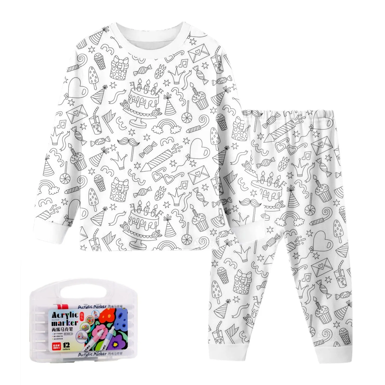 Children's cartoon printed long-sleeved T-shirt and trousers two-piece home wear suit in white with dinosaur pattern