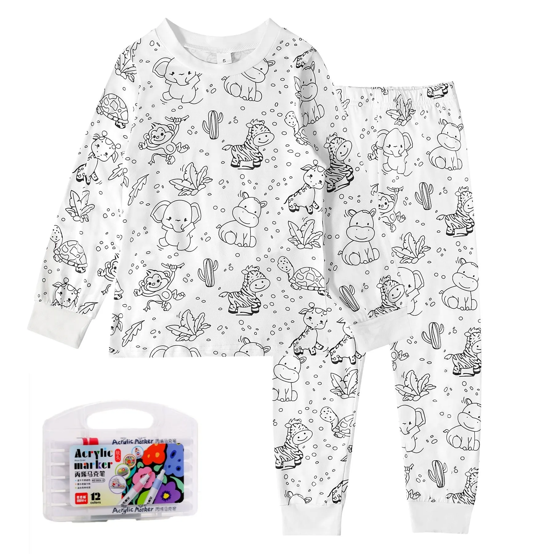 Children's cartoon printed long-sleeved T-shirt and trousers two-piece home wear suit in white with dinosaur pattern
